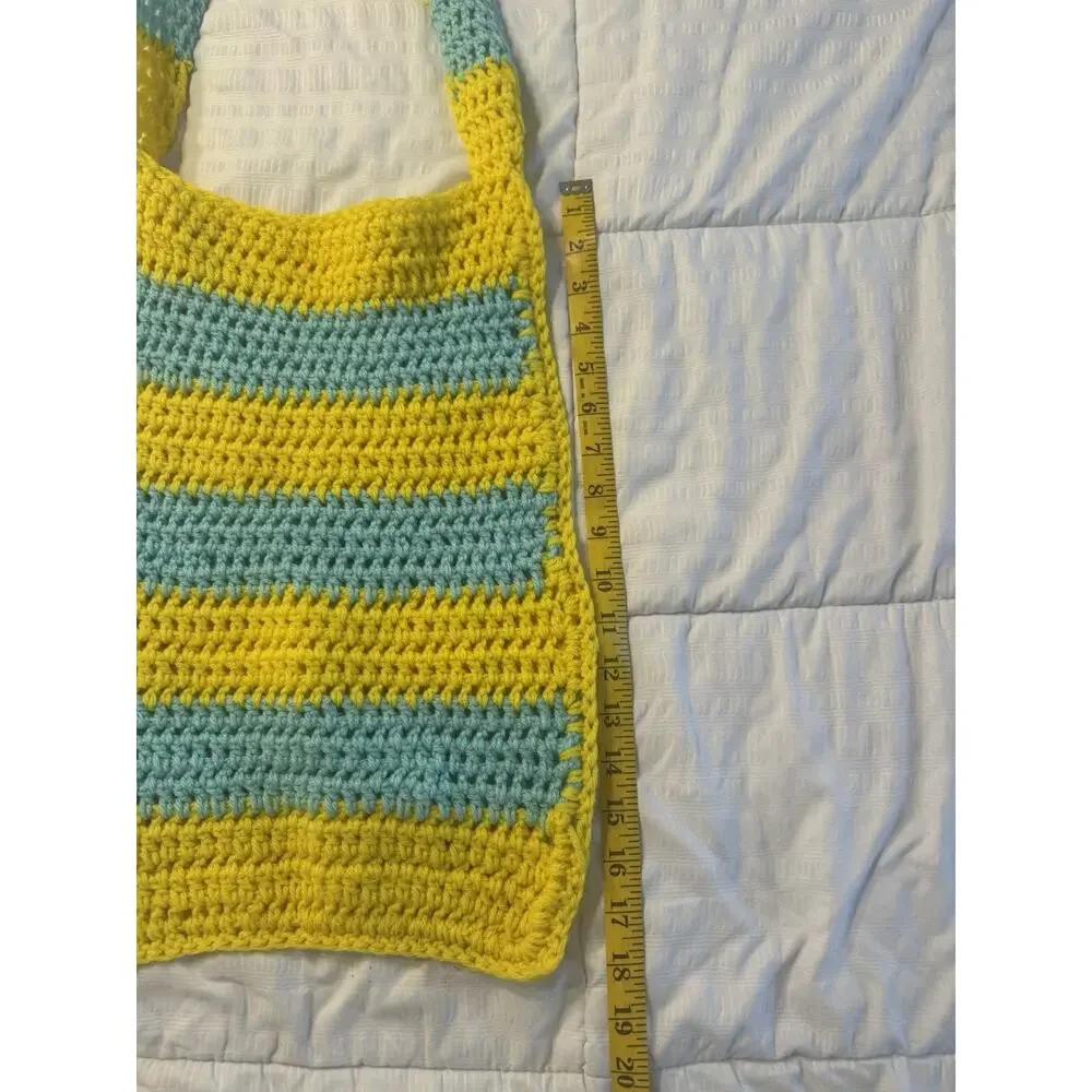 Crochet Tote Bag Yellow Blue Stripes Handmade Summer Beach Coastal Preppy